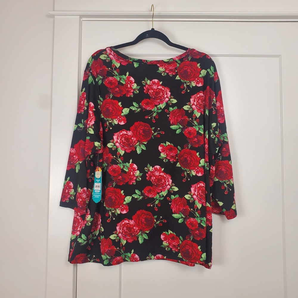 The Pioneer Woman V-Neck Tee Women 4XL Black Red Floral 3/4 Sleeve 8825PWDESFLRO